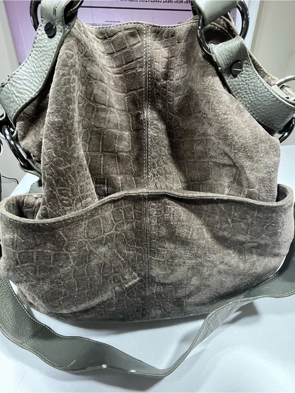Kenneth Cole New York Suede Leather Hobo Shoulder Bag Gray Brown Large Tote